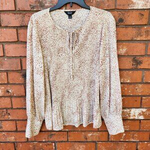 Simply Vera Vera Wang XL Beige & Brown Speckled Blouse With Tie Neck & Pleated H